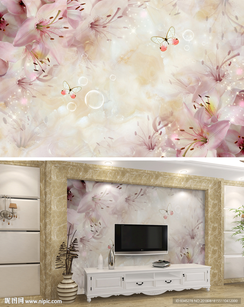 高端大气花卉大理石电视背景墙