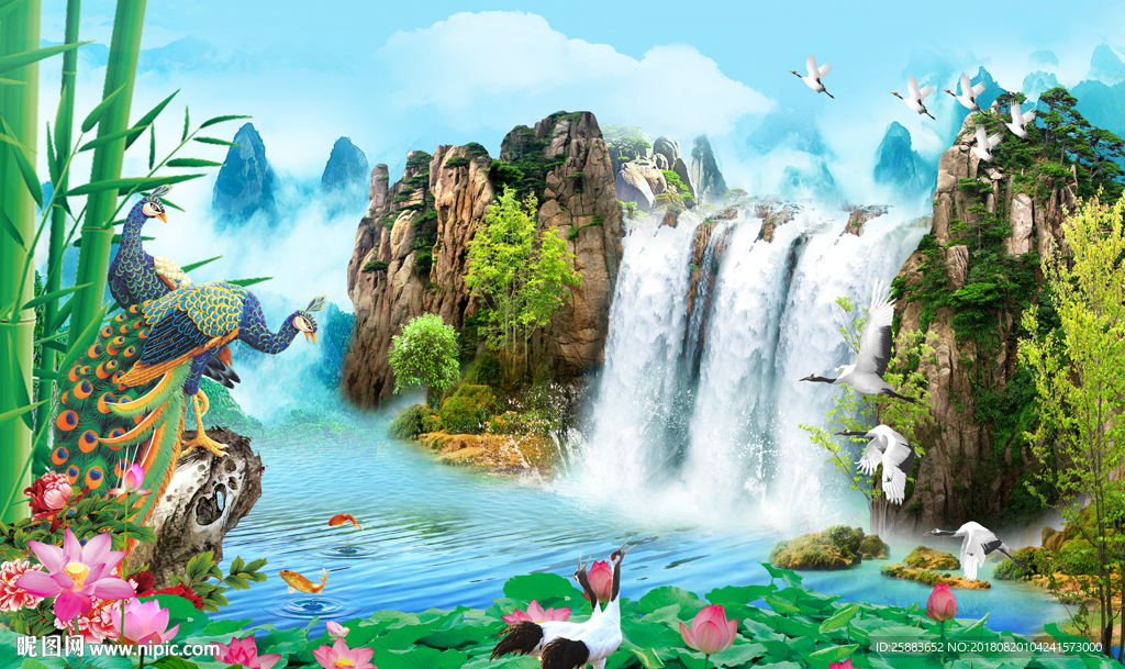 清新大瀑布山水电视背景墙