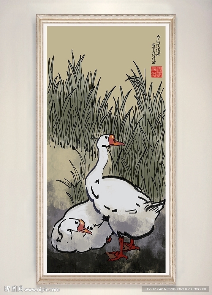 中国风水墨淡彩动物风景装饰画