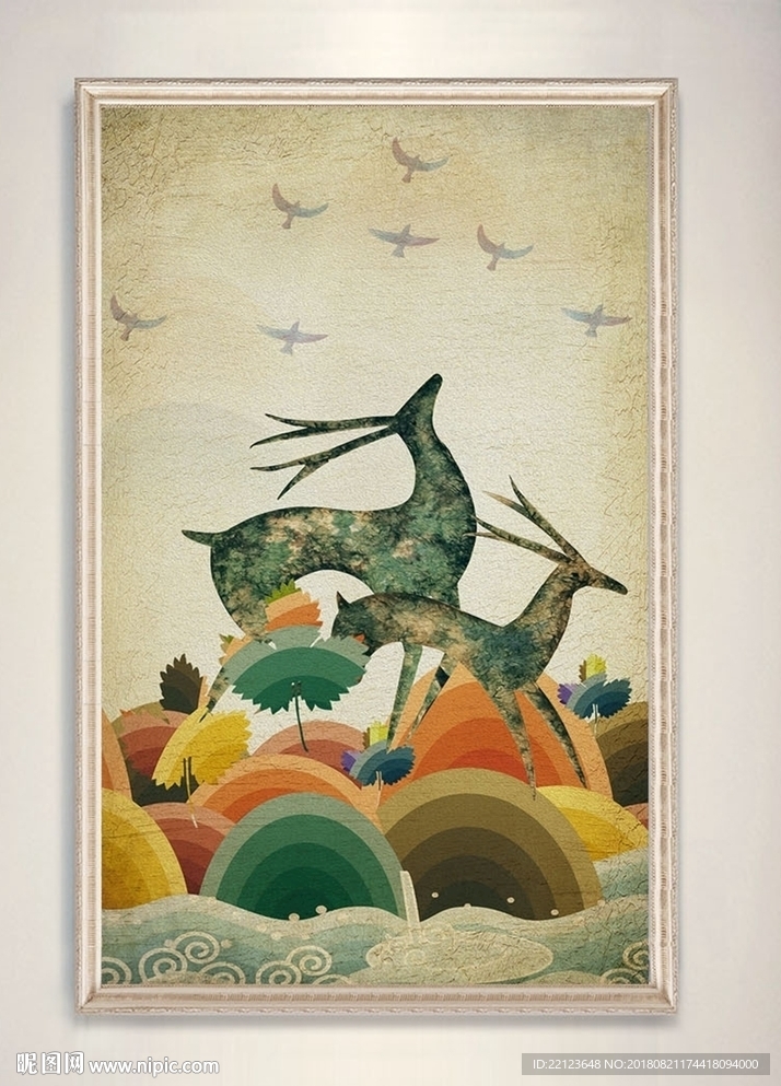 现代梦幻森林麋鹿花鸟装饰画