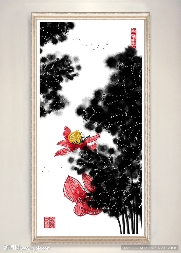 中国风淡彩水墨植物荷花装饰画