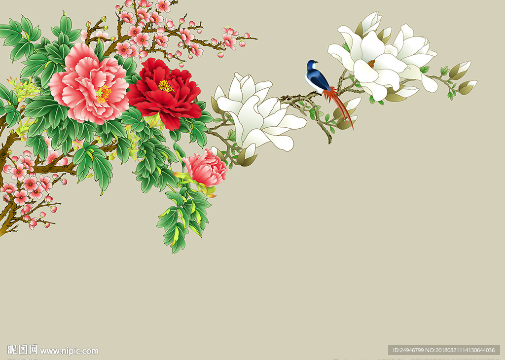 中式牡丹玉兰花鸟影视背景墙