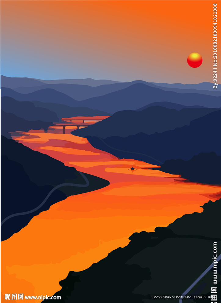 山水夕阳装饰画