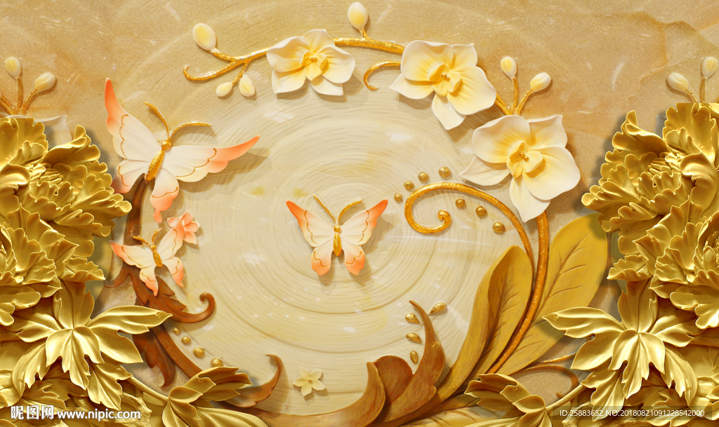 金色木雕蝶恋花电视背景墙