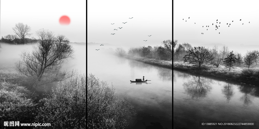 新中式三联幅山水装饰画