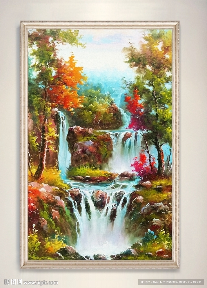 现代山水瀑布风景油画装饰画