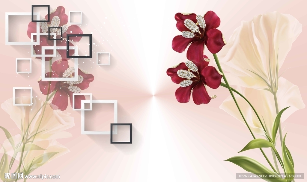 3D花卉珠宝方框简约背景墙