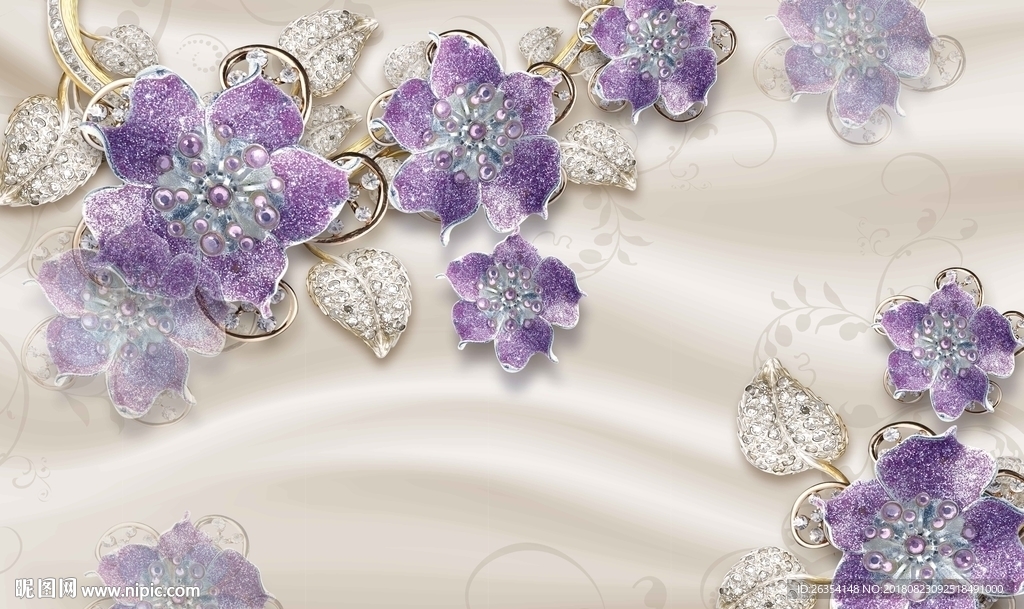 3D珠宝花卉丝绸电视背景墙