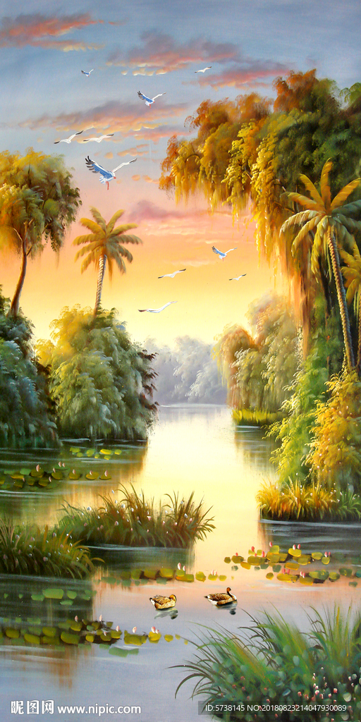 油画欧式飞鸟树木田园玄关屏风背