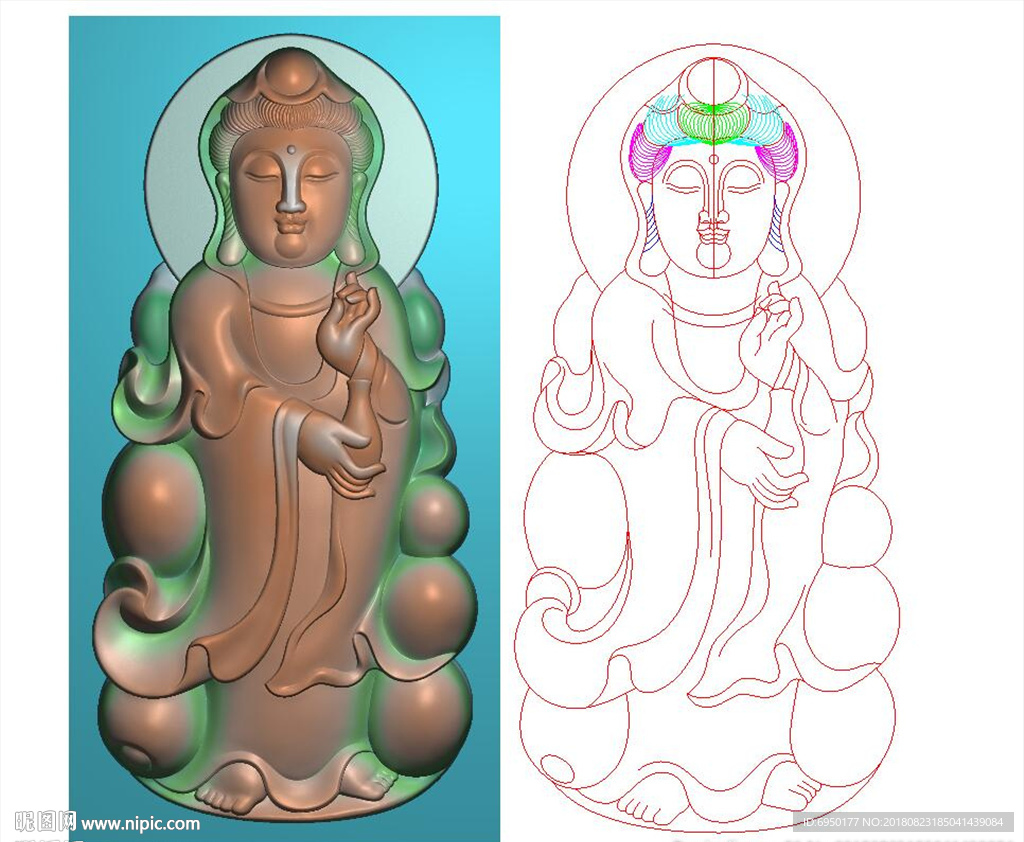 莲花荷花站立观音挂件玉雕精雕图
