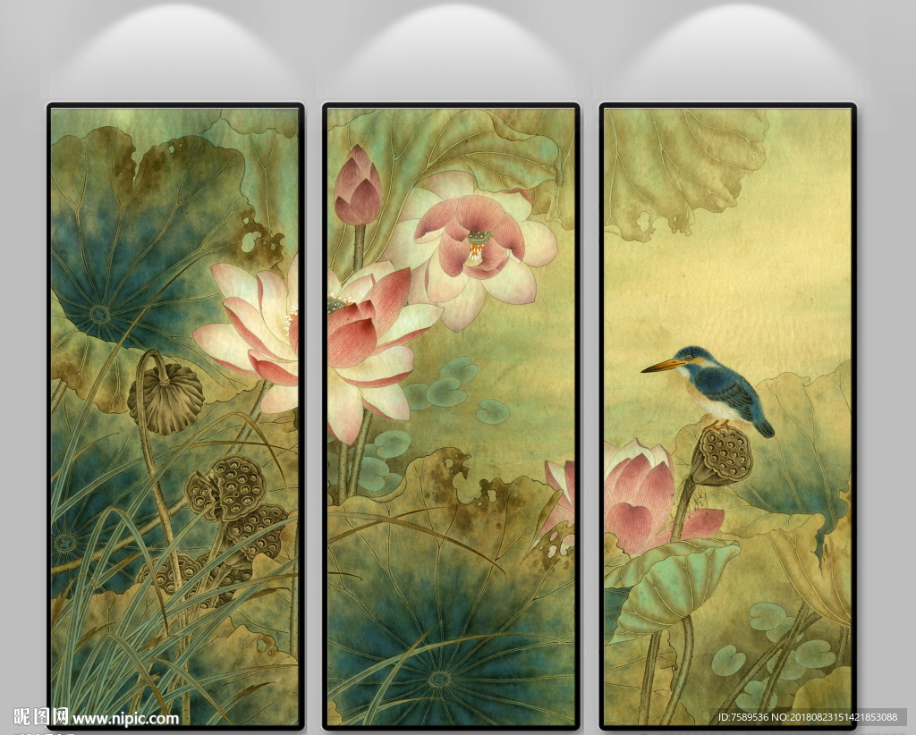 荷花翠鸟图新中式装饰画