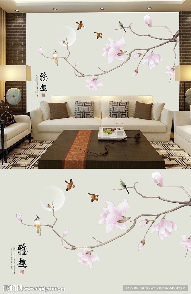新中式玉兰花 工笔画背景墙