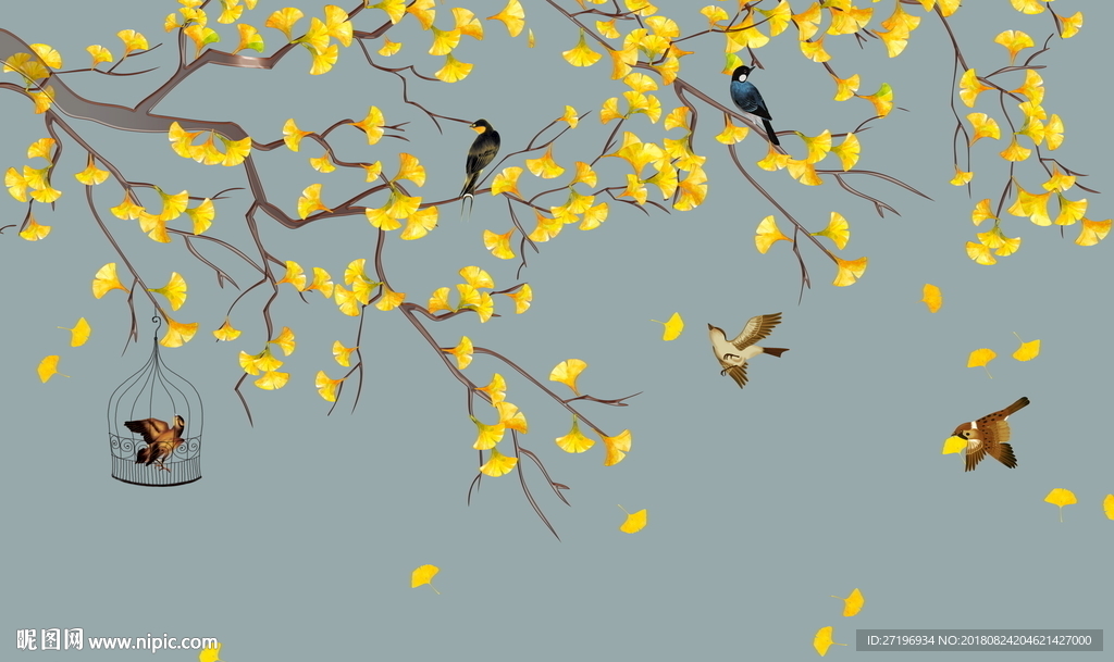 百鸟花朵图背景墙