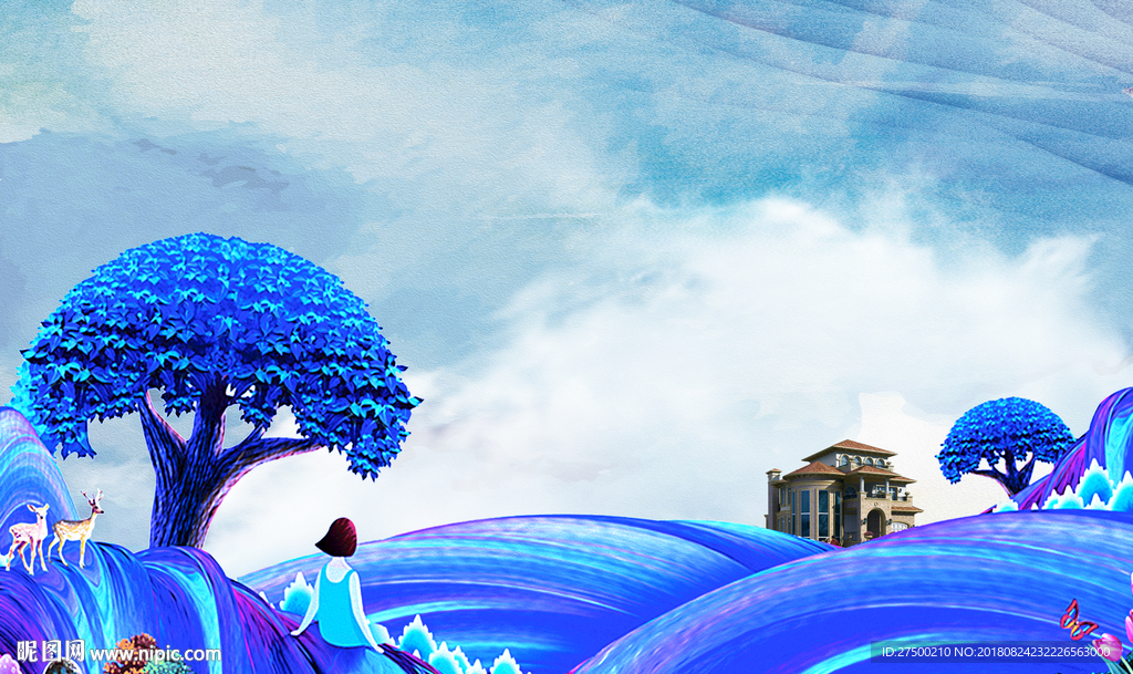 蓝色水墨背景墙