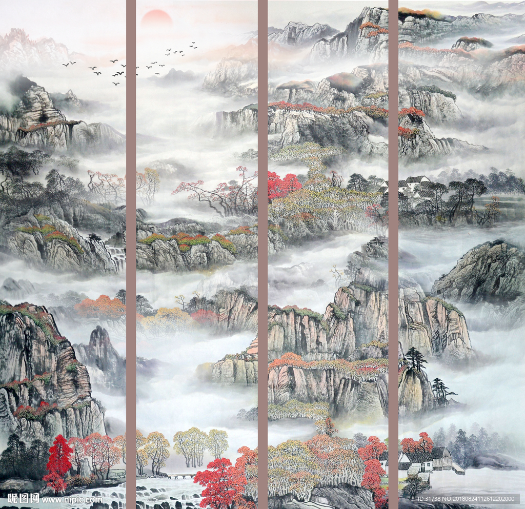 四屏国画