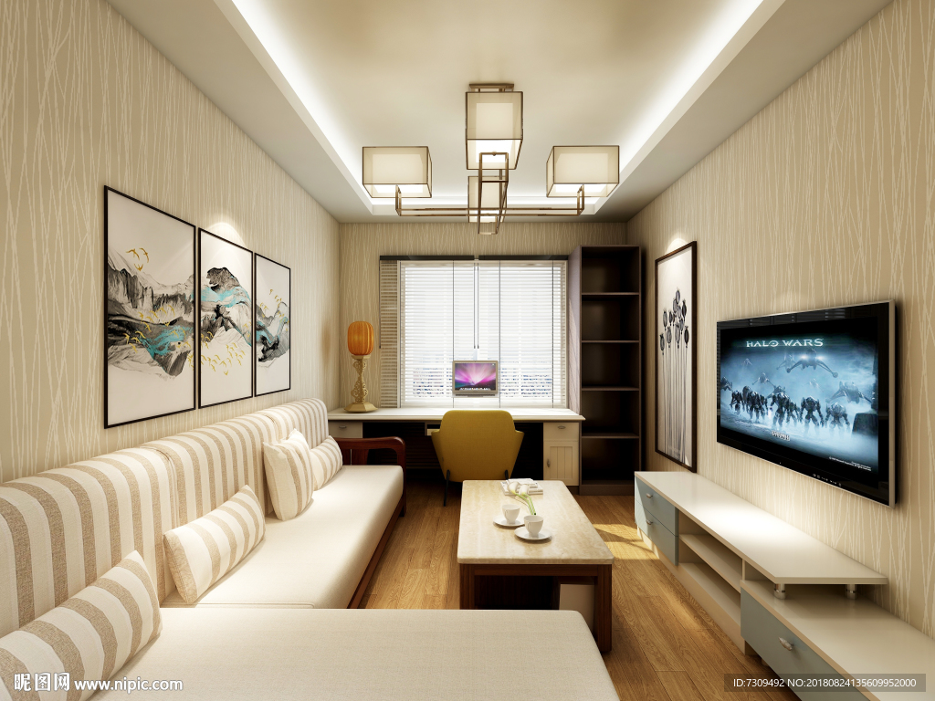 现代新中式公寓客厅装修效果图