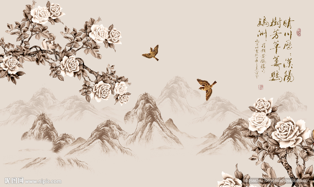 复古花鸟山水电视背景墙