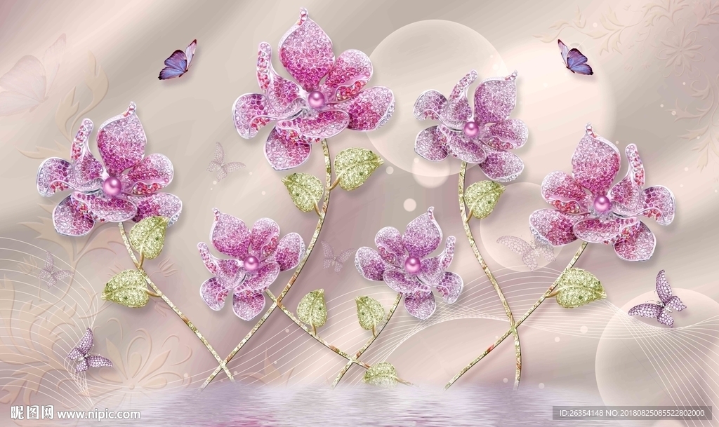 3D花卉珠宝丝绸背景墙