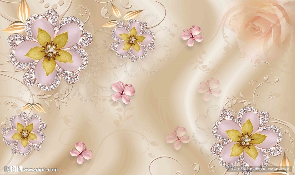 3D珠宝花卉丝绸背景墙