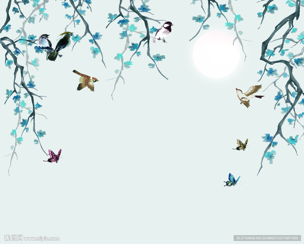 新中式工笔画电视背景墙