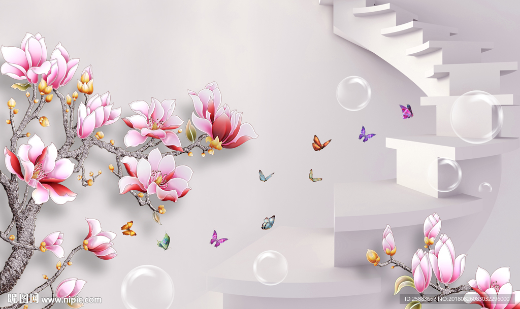 唯美玉兰花楼梯3D电视背景墙
