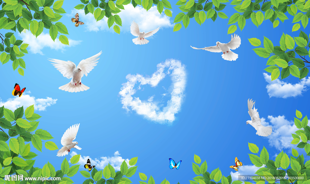 蓝天白云树叶白鸽吊顶壁画