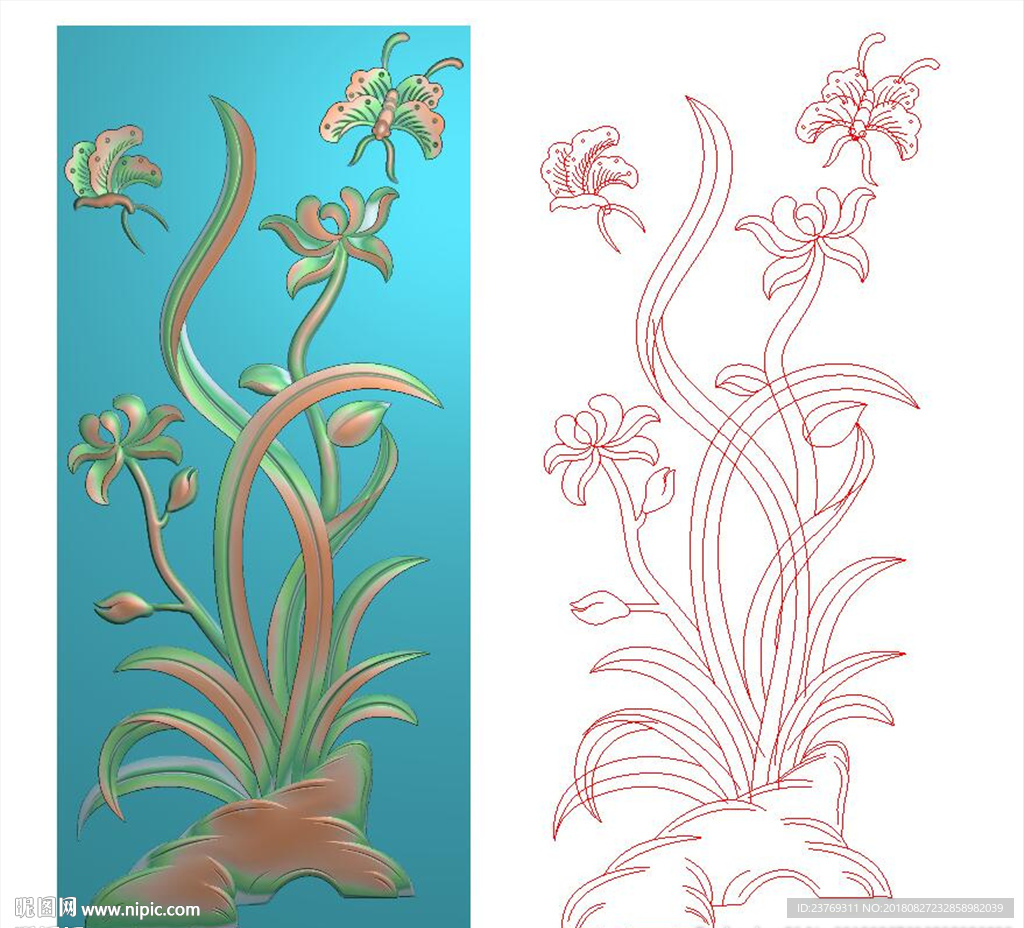 花草花鸟兰花蝴蝶门板石雕精雕图