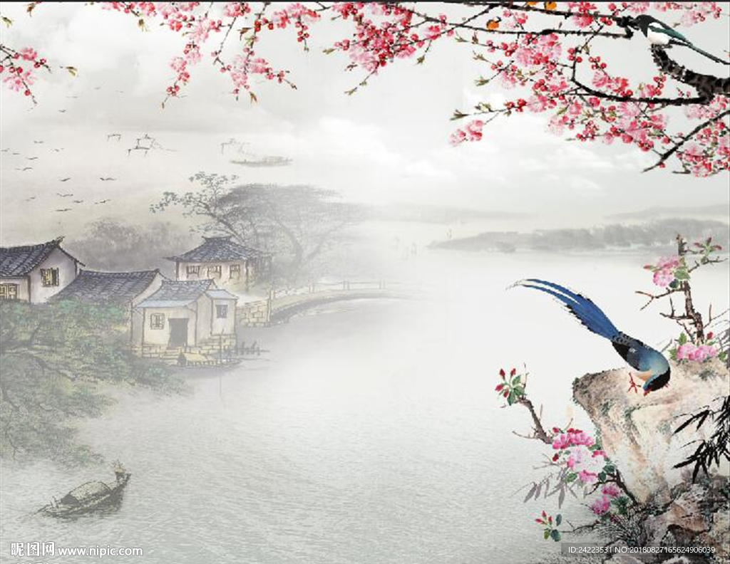 新中式水乡古镇桃花江南春背景墙