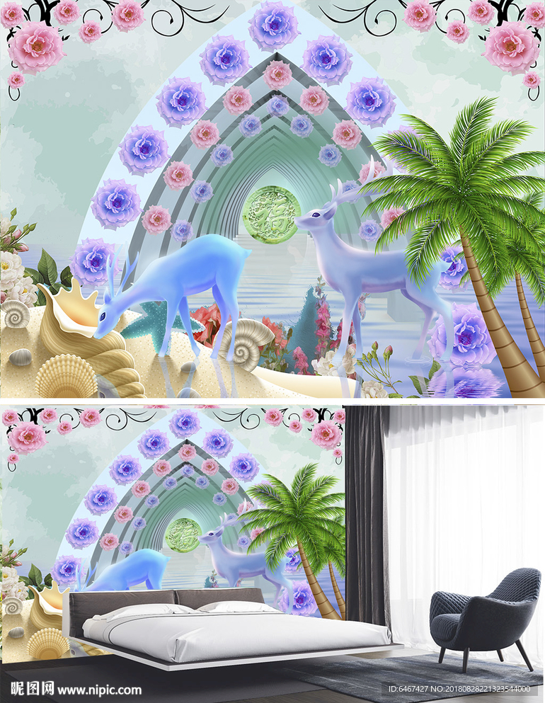 3d空间花卉海景麋鹿背景墙装饰