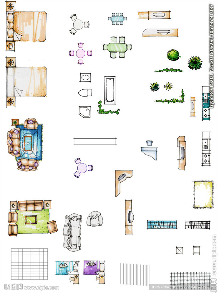 手绘室内家具彩平图-psd