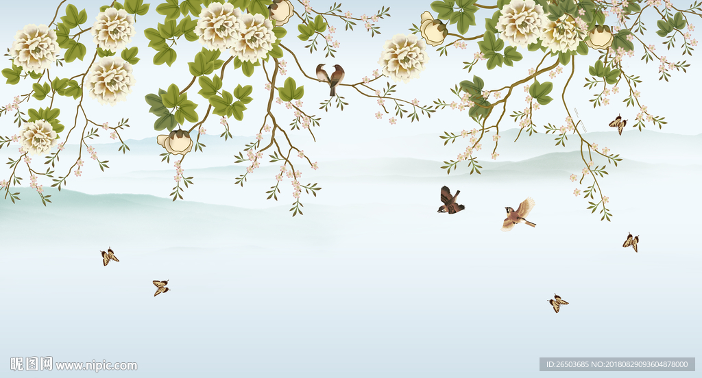 新中式手绘梅花小鸟花鸟背景墙
