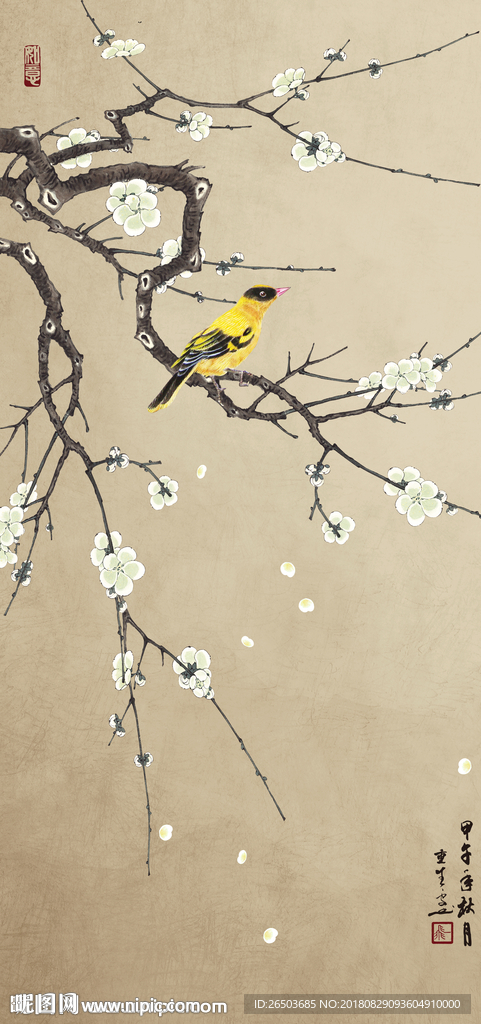 新中式手绘梅花工笔花鸟玄关背景