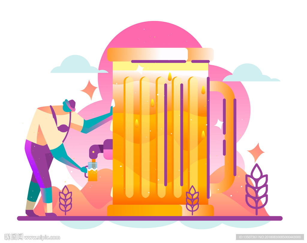 手绘抽象巨大啤酒杯插画设计AI