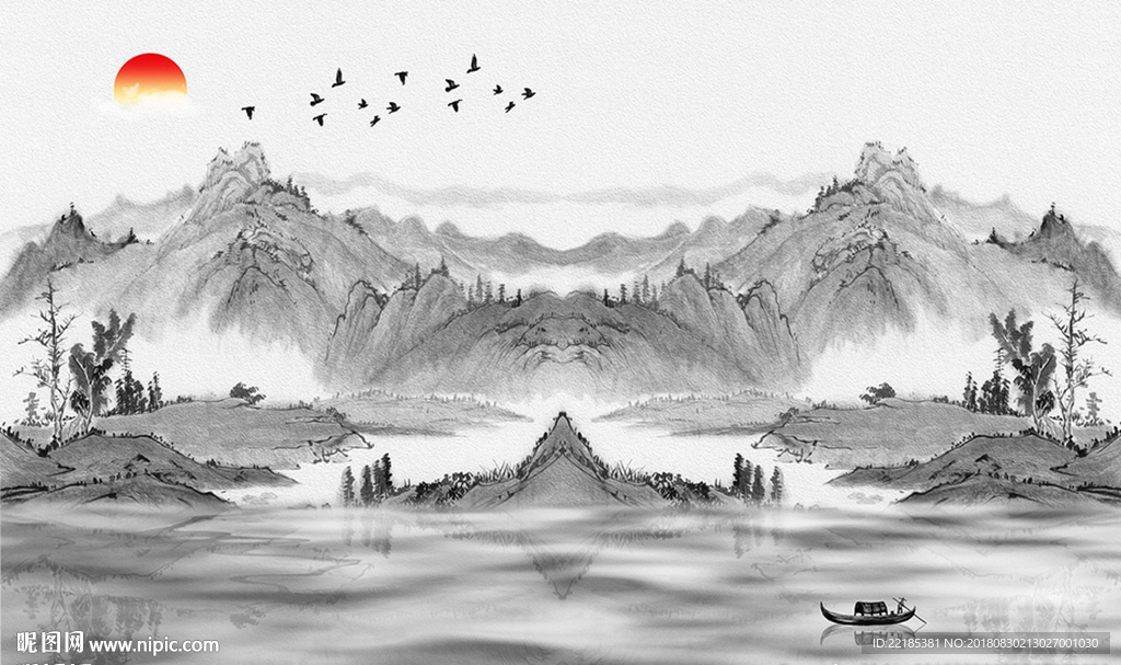 意境山水水墨画背景墙