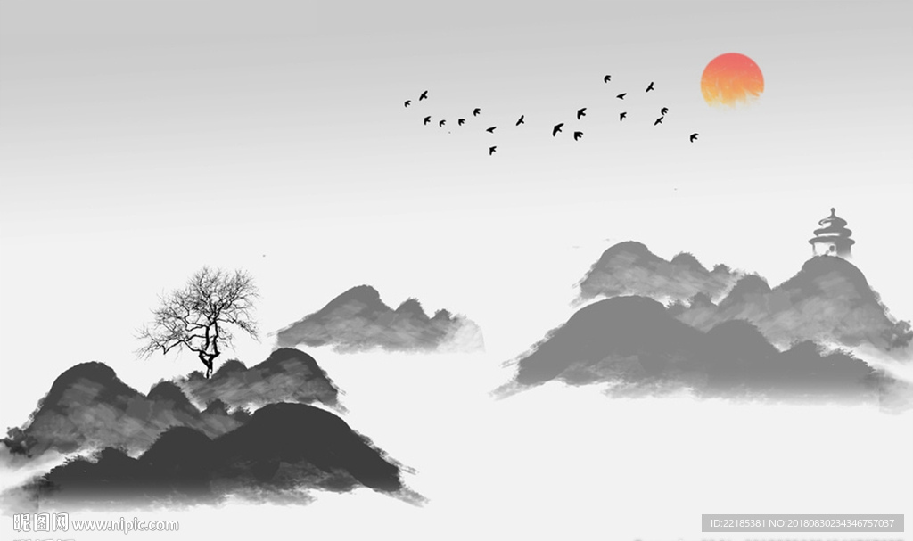 中式手绘抽象水墨山水背景墙