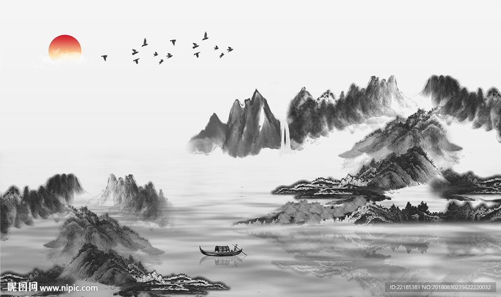新中式唯美风景山水背景墙