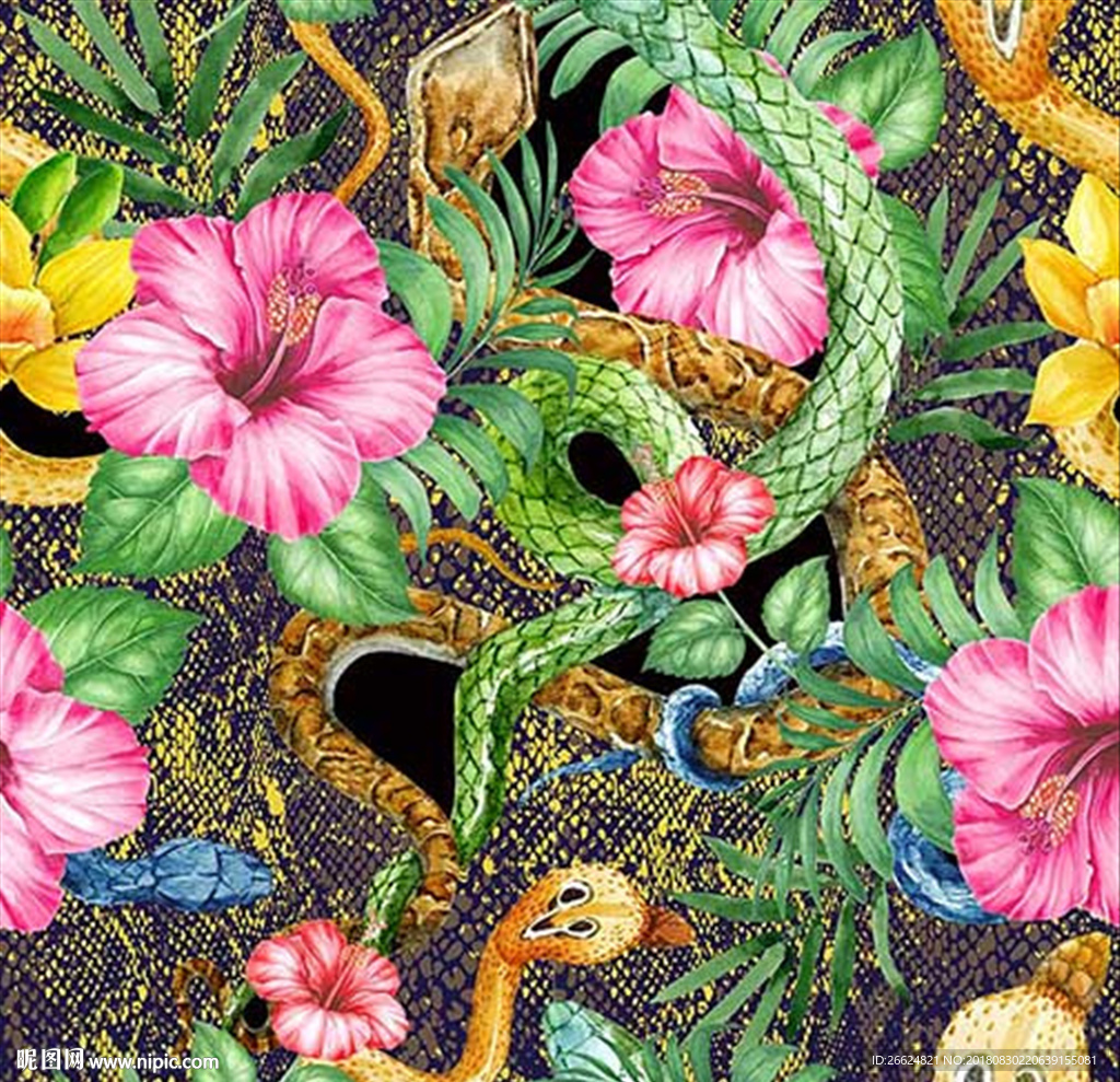 家纺手绘印花蛇纹图案素材