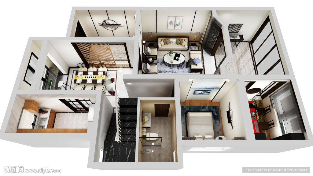 别墅新中式装修户型效果图