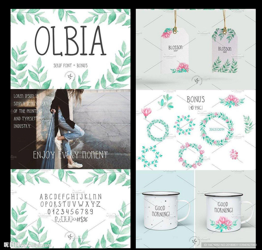 小清新水彩花卉叶子花环唯美