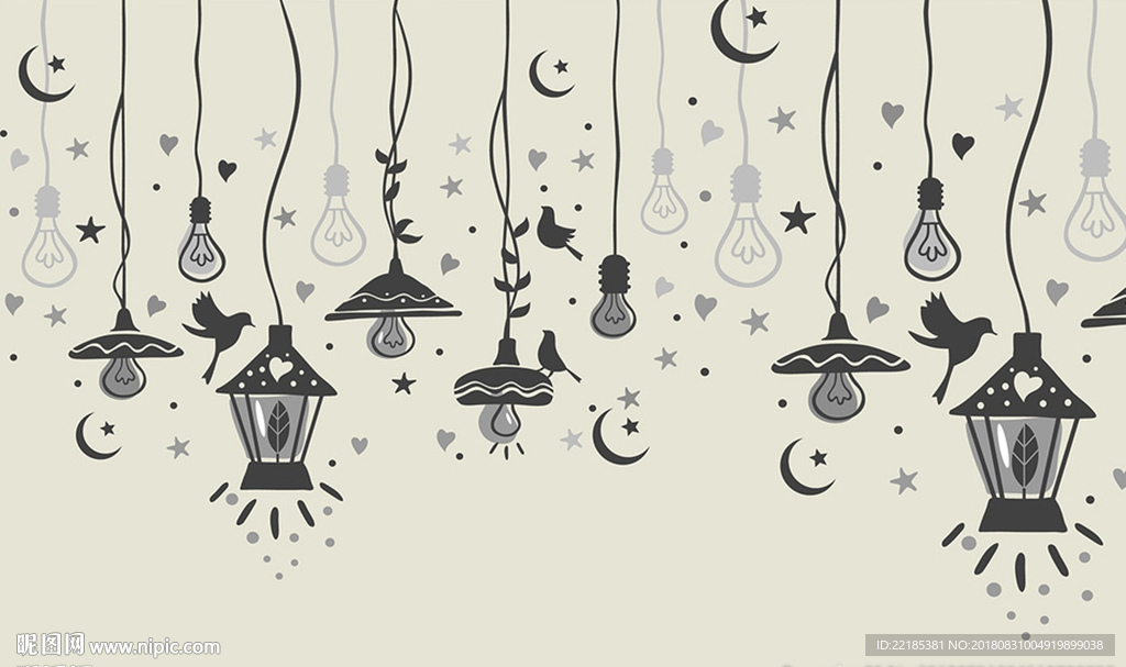 手绘线描吊灯背景墙