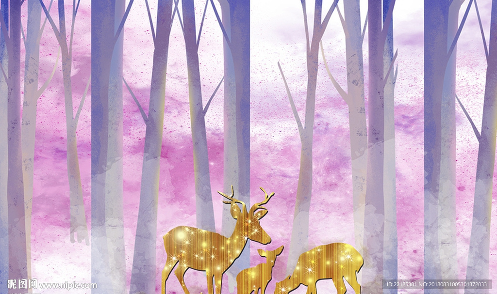 梦幻丛林金箔麋鹿背景墙