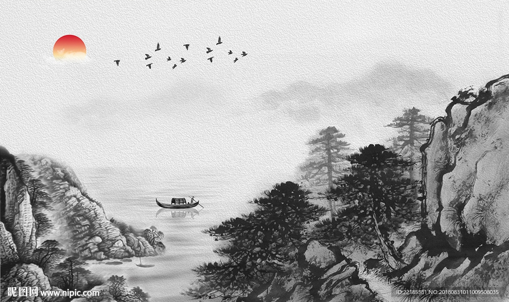 水墨意境山水风景画背景墙