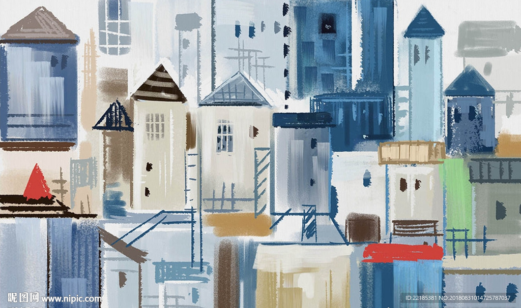 现代抽象城市建筑房子油画背景墙