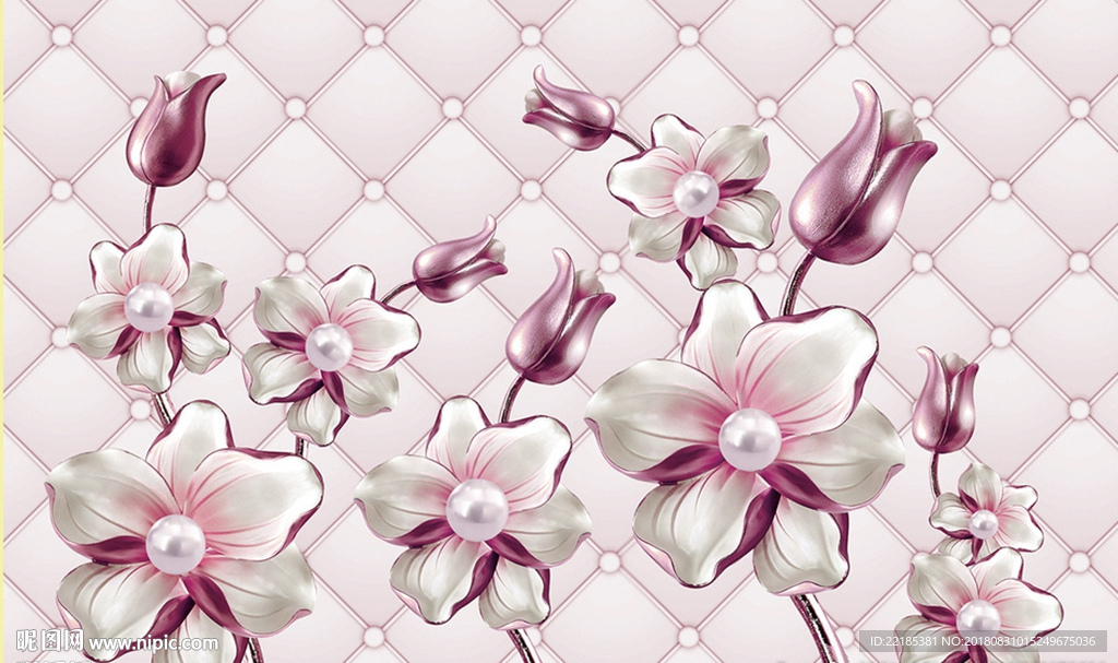 3D时尚浪漫珍珠花朵背景墙