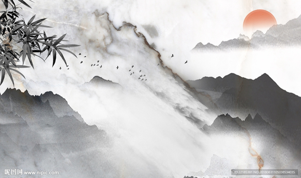 中国风大气山峦瀑布背景墙