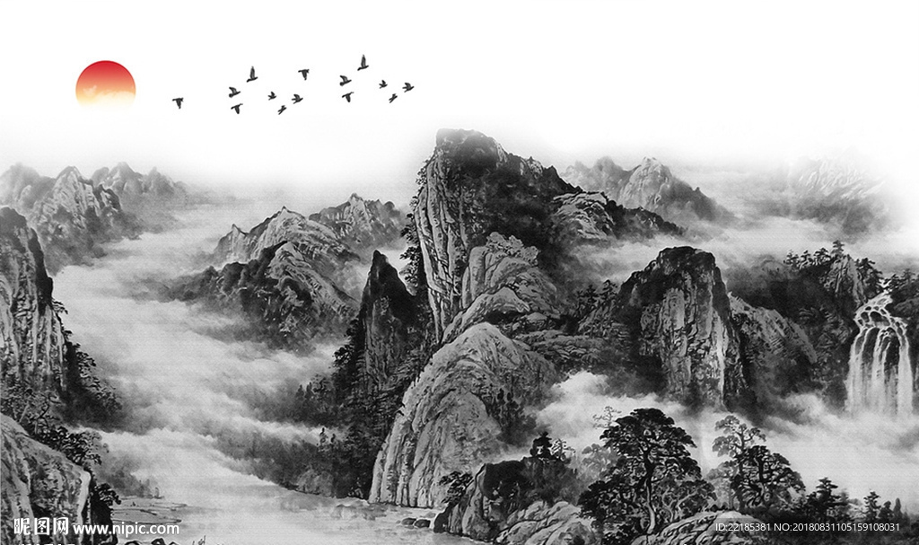 意境水墨山水风景背景墙