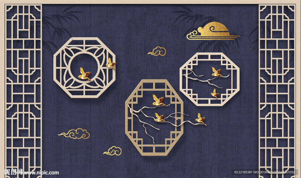 木雕金色立体鸟祥云背景墙