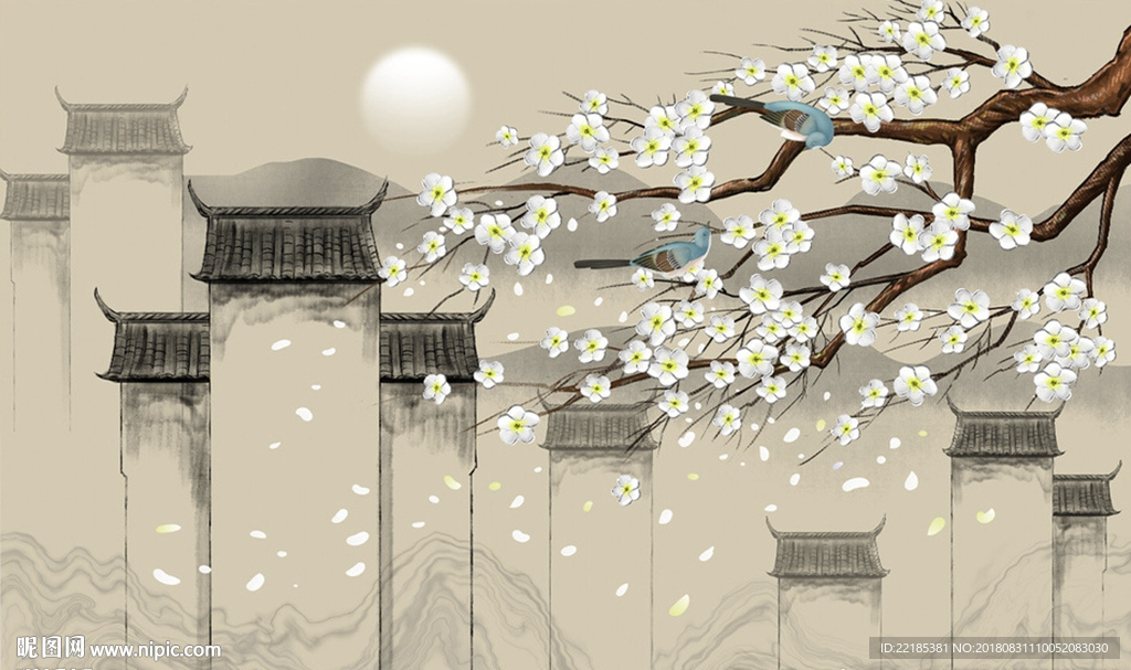 新中式水墨花鸟徽派建筑背景墙