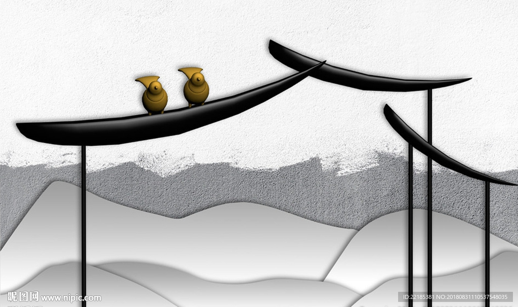 新中式立体意境徽式建筑山背景墙