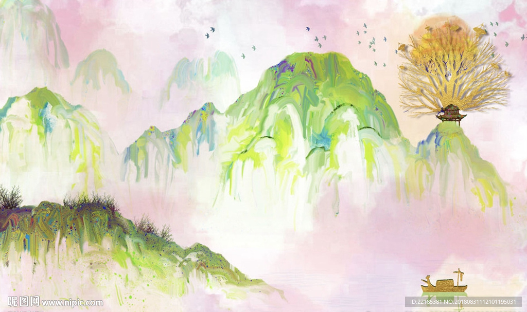 新中式彩色山水风景背景墙